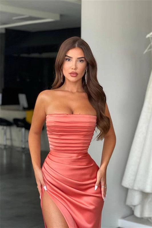 Amazing Strapless Coral Mermaid Long Prom Dress with Pleated Split