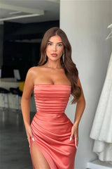 Amazing Strapless Coral Mermaid Long Prom Dress with Pleated Split