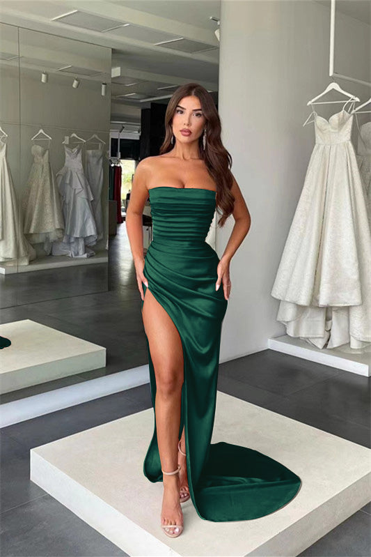 Amazing Strapless Coral Mermaid Long Prom Dress with Pleated Split