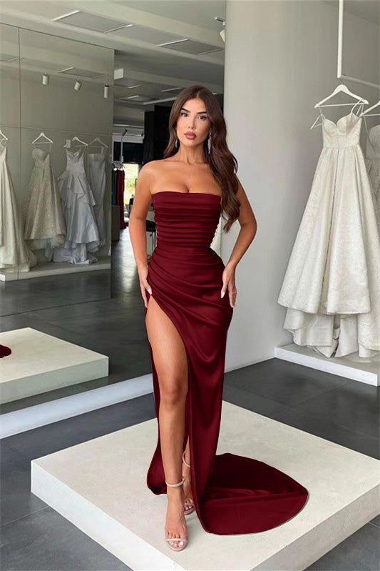 Amazing Strapless Coral Mermaid Long Prom Dress with Pleated Split