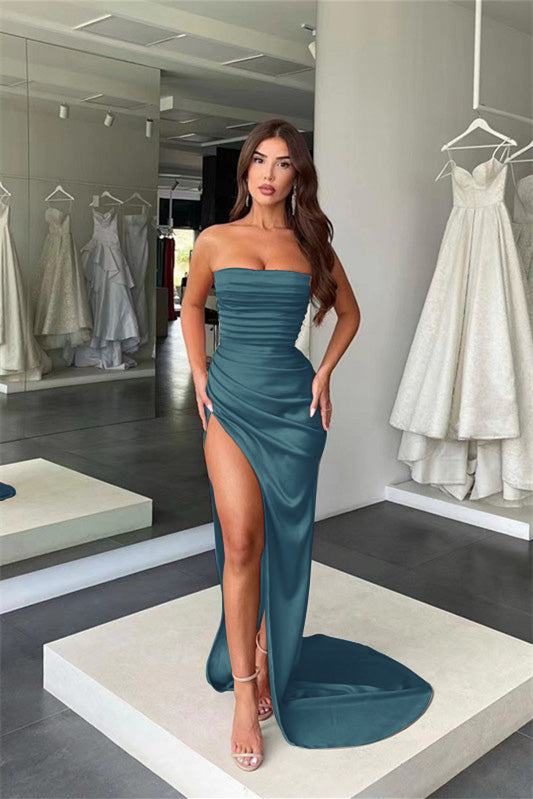 Amazing Strapless Coral Mermaid Long Prom Dress with Pleated Split