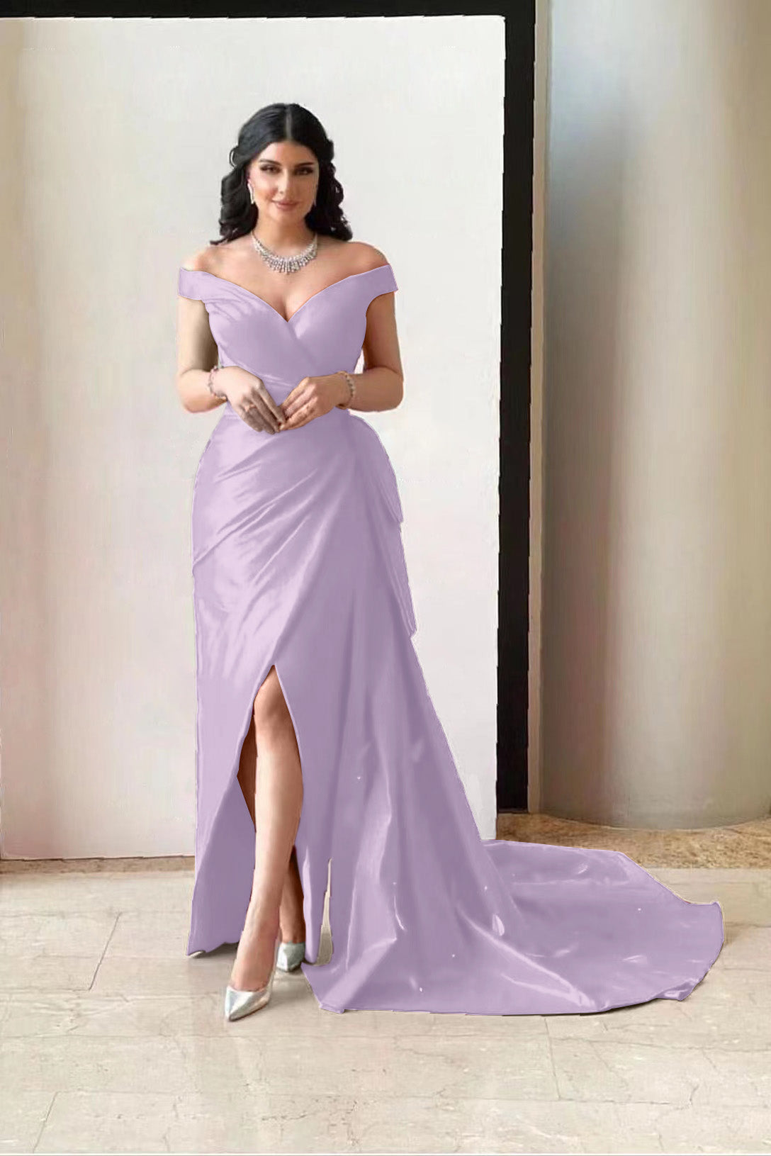 Amazing Off the Shoulder V Neck Long Prom Dress with Pleated Split