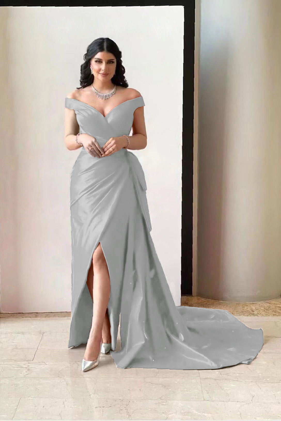Amazing Off the Shoulder V Neck Long Prom Dress with Pleated Split