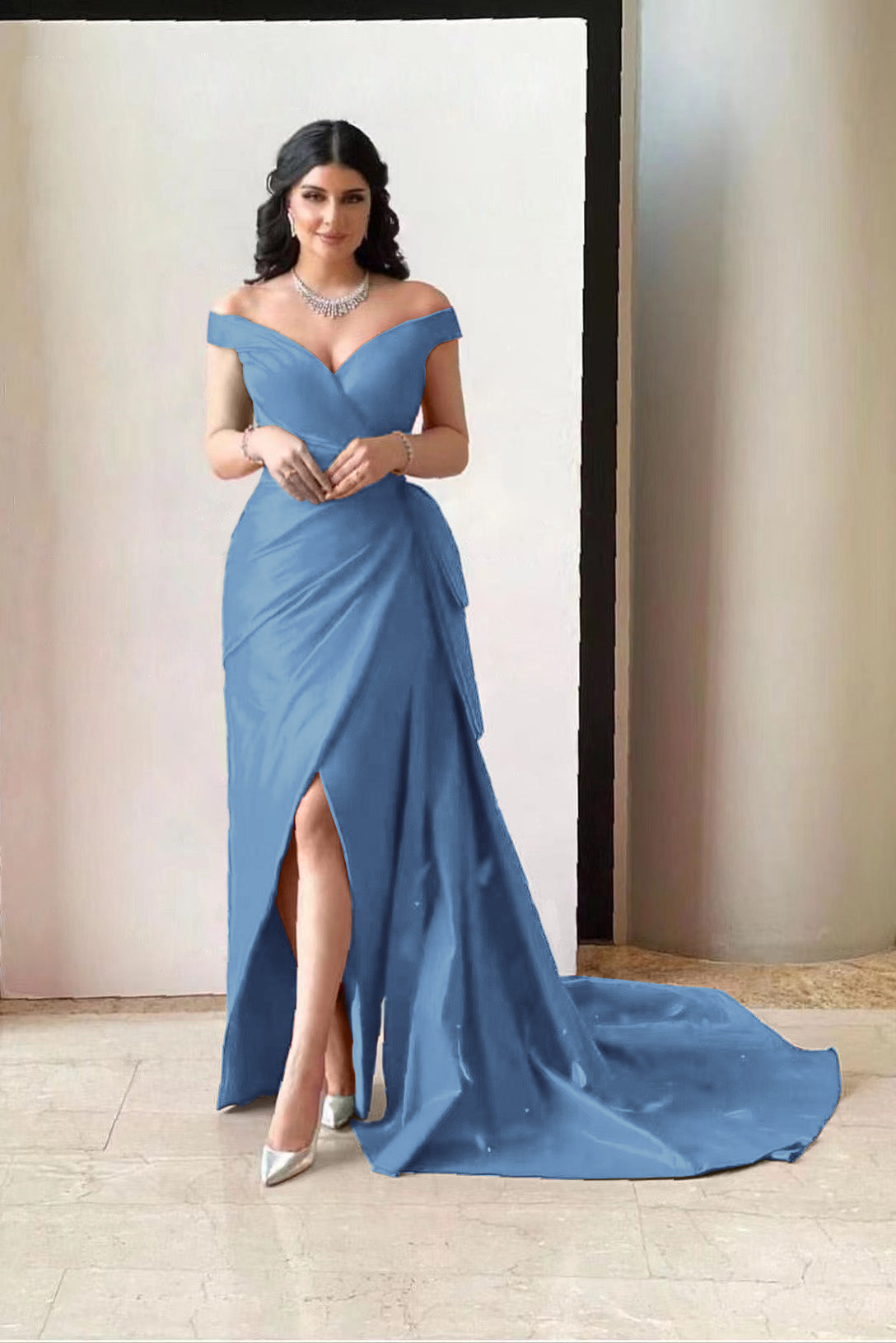 Amazing Off the Shoulder V Neck Long Prom Dress with Pleated Split