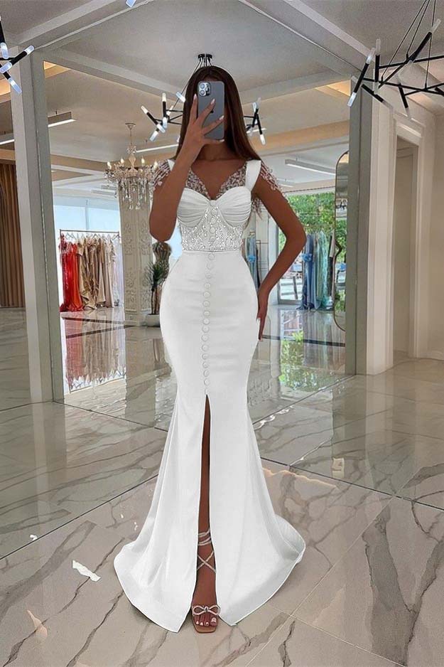 Mint Green Cap Sleeve Long Prom Dress with Split Beading
