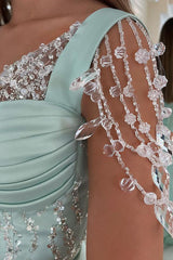 Mint Green Cap Sleeve Long Prom Dress with Split Beading