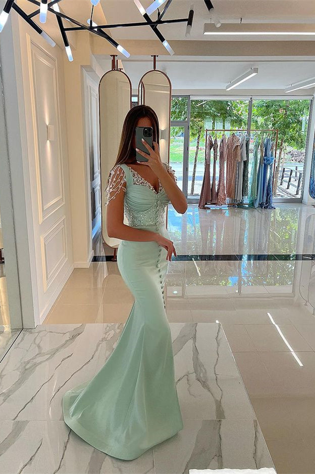 Mint Green Cap Sleeve Long Prom Dress with Split Beading