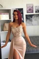Amazing Strapless Mermaid Long Split Prom Dress with Appliques and Ruffles