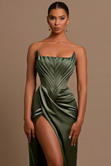 Green Strapless Mermaid Long Prom Dress with Split Pleated