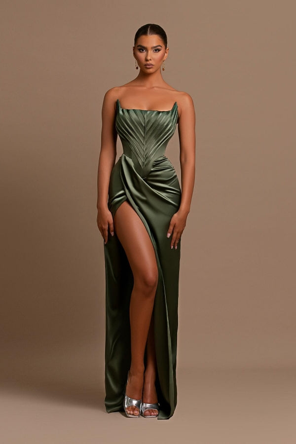 Green Strapless Mermaid Long Prom Dress with Split Pleated