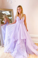 Attractive Lilac Deep V Neck Spaghetti Strap Long Prom Dress with Sequins