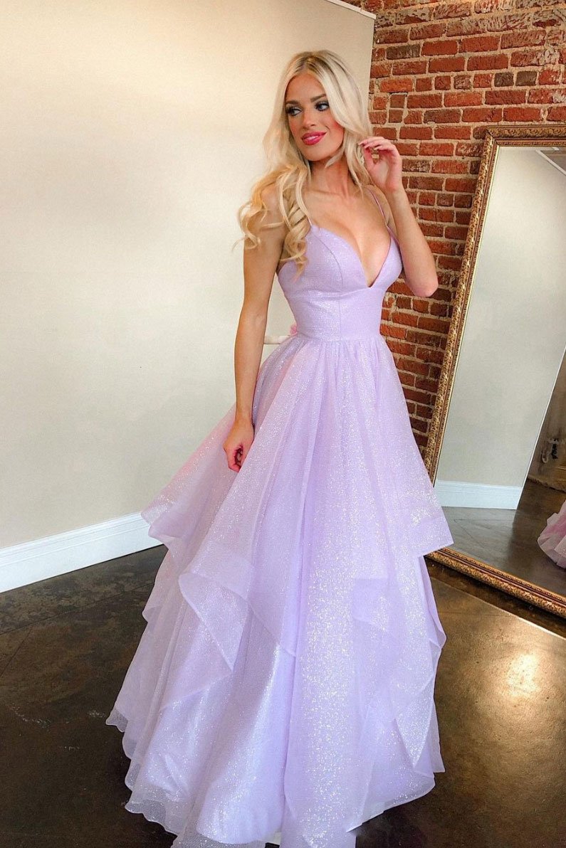 Attractive Lilac Deep V Neck Spaghetti Strap Long Prom Dress with Sequins