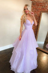 Attractive Lilac Deep V Neck Spaghetti Strap Long Prom Dress with Sequins