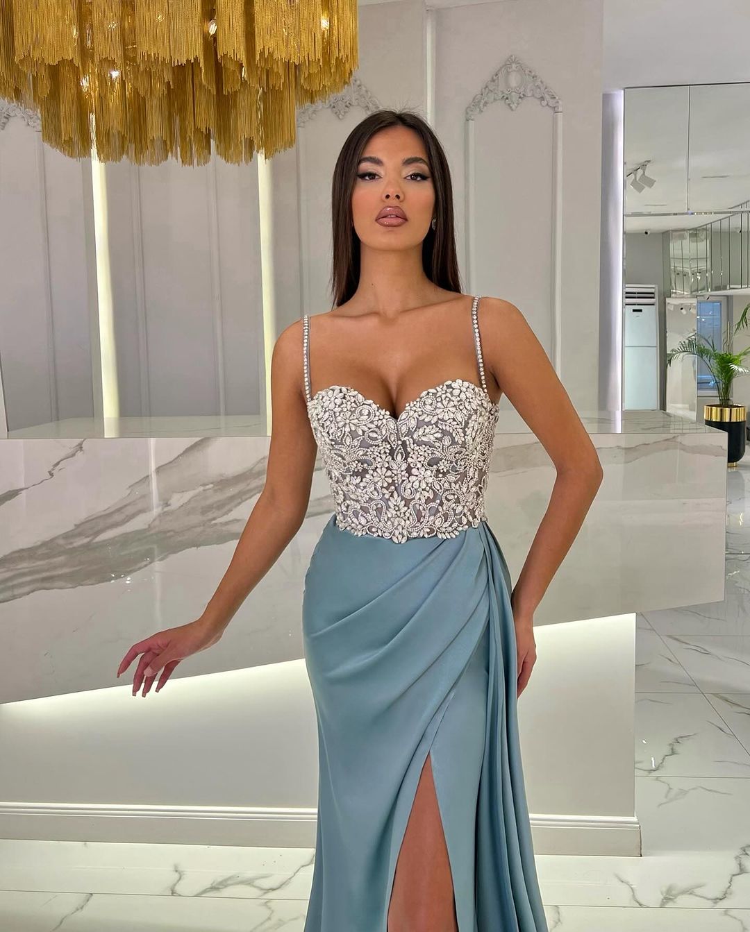 Baby Blue Spaghetti Strap Sweetheart Appliques Prom Dress with High Slit