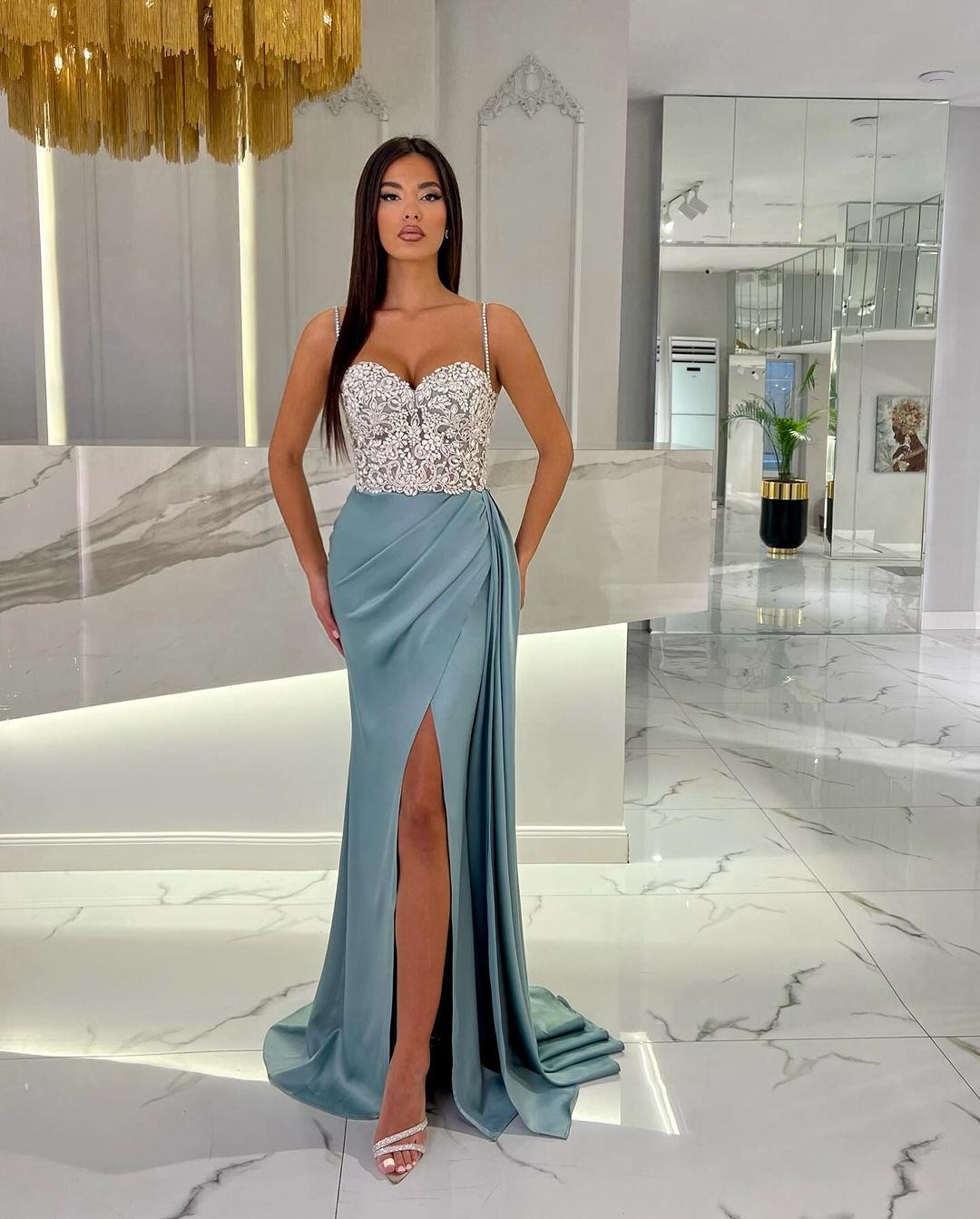 Baby Blue Spaghetti Strap Sweetheart Appliques Prom Dress with High Slit