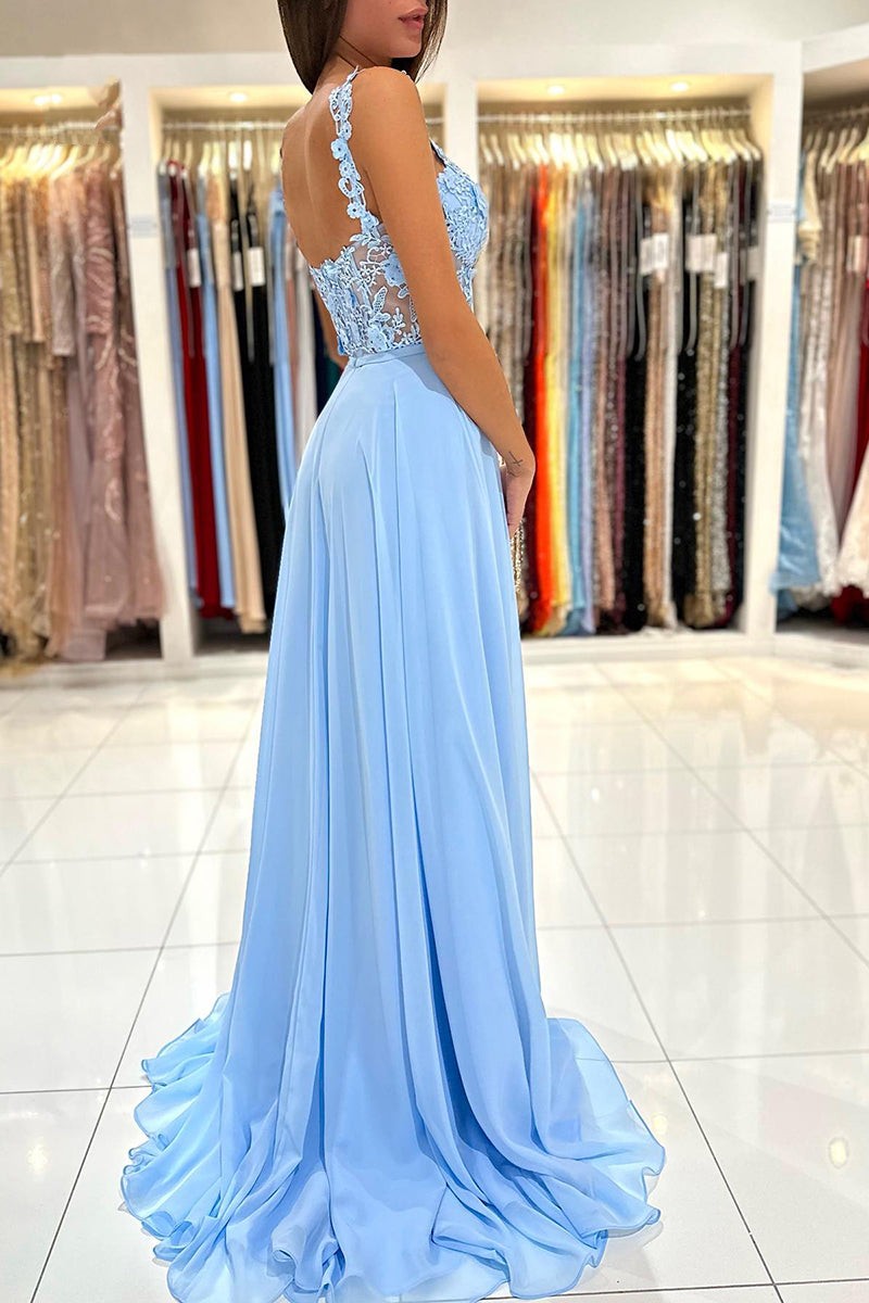 Baby Blue Sweetheart A-Line Long Prom Dress with Split and Lace