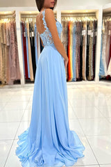 Baby Blue Sweetheart A-Line Long Prom Dress with Split and Lace