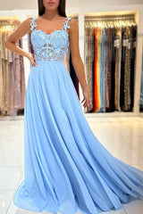 Baby Blue Sweetheart A-Line Long Prom Dress with Split and Lace