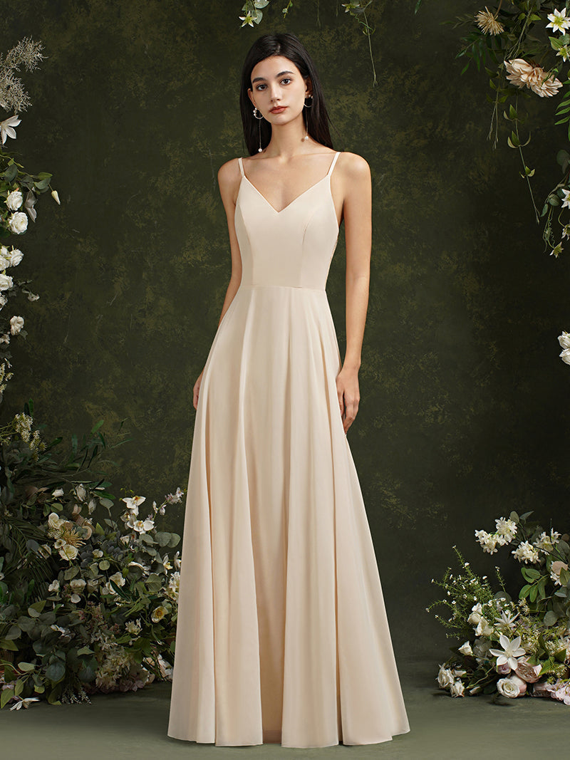 Babyonlines Long A-line V-neck Backless Satin Bridesmaid Dresses-Babyonlines