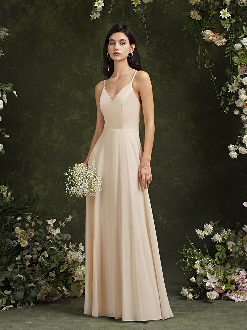 Babyonlines Long A-line V-neck Backless Satin Bridesmaid Dresses-Babyonlines
