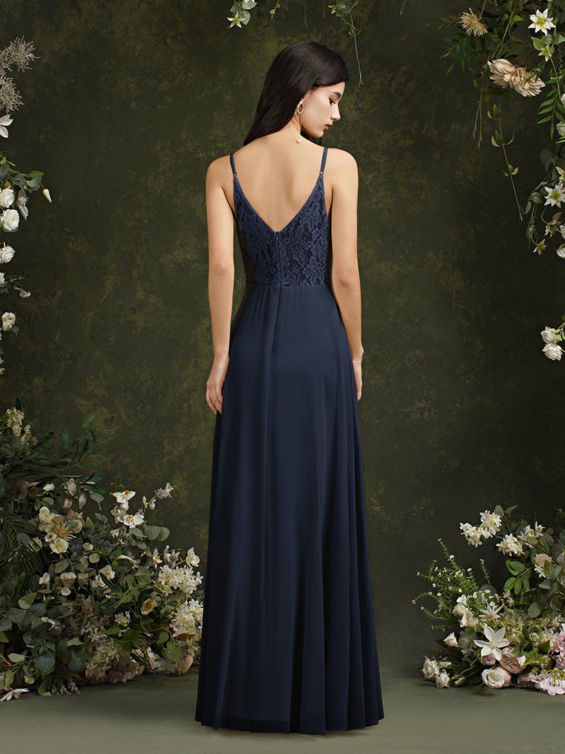 Babyonlines Long A-line V-neck Backless Satin Bridesmaid Dresses-Babyonlines