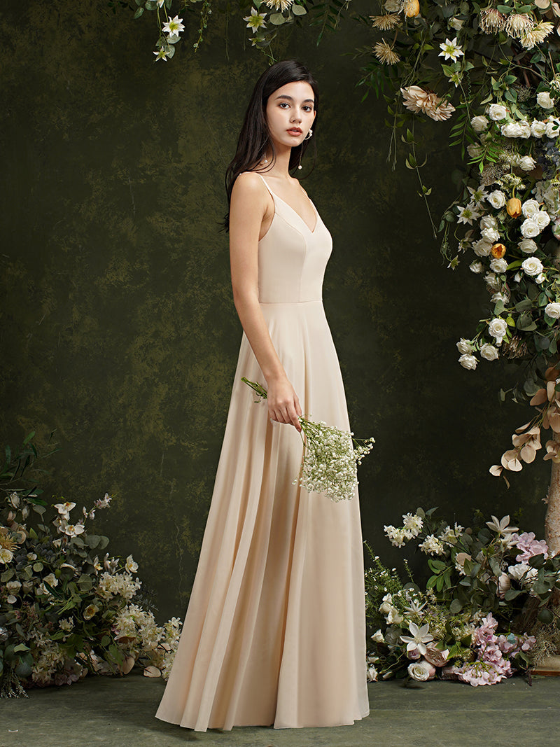 Babyonlines Long A-line V-neck Backless Satin Bridesmaid Dresses-Babyonlines
