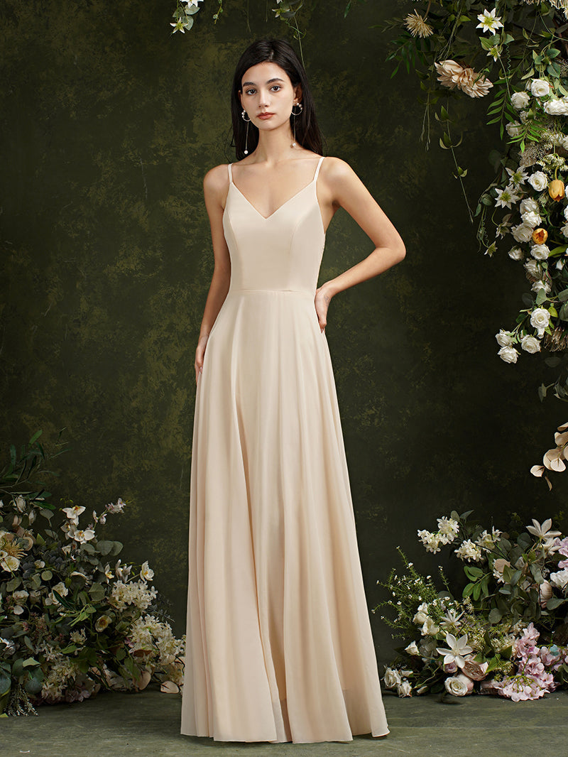 Babyonlines Long A-line V-neck Backless Satin Bridesmaid Dresses-Babyonlines
