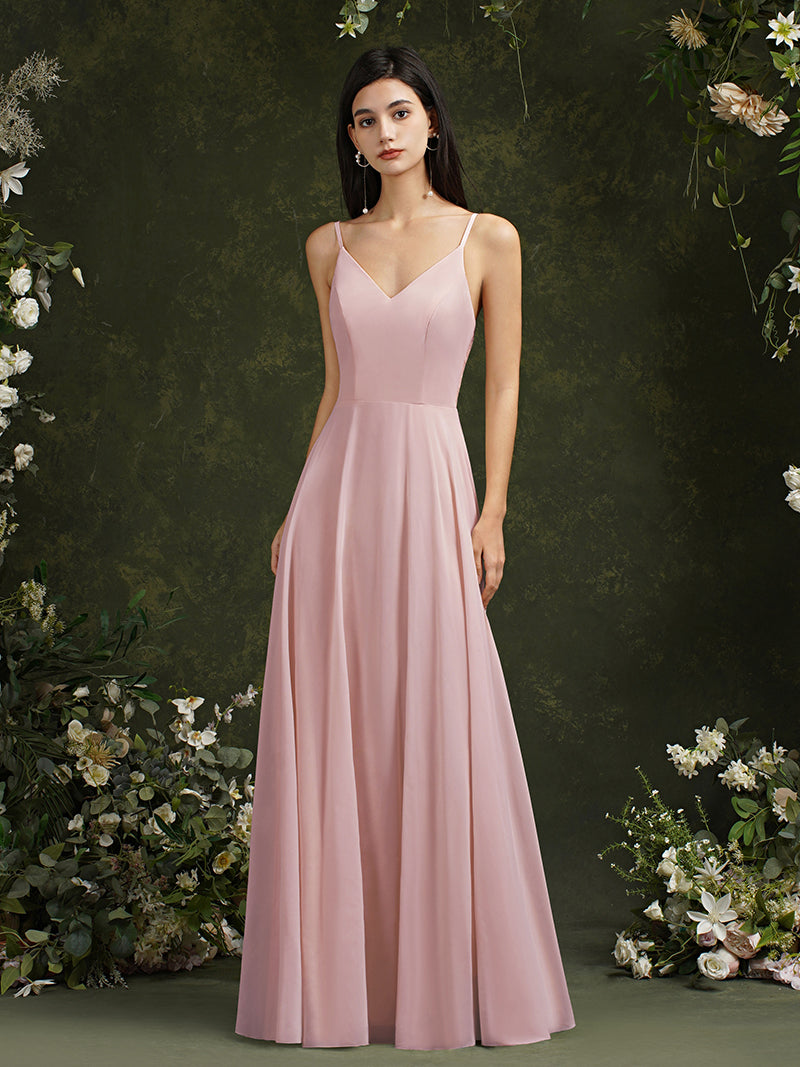 Babyonlines Long A-line V-neck Backless Satin Bridesmaid Dresses-Babyonlines