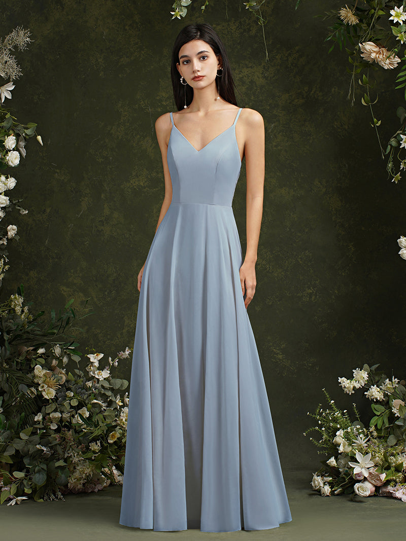 Babyonlines Long A-line V-neck Backless Satin Bridesmaid Dresses-Babyonlines