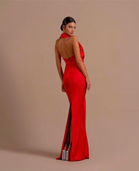 Red Halter Backless Mermaid Long Prom Dress