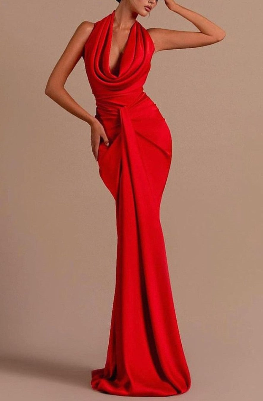 Red Halter Backless Mermaid Long Prom Dress
