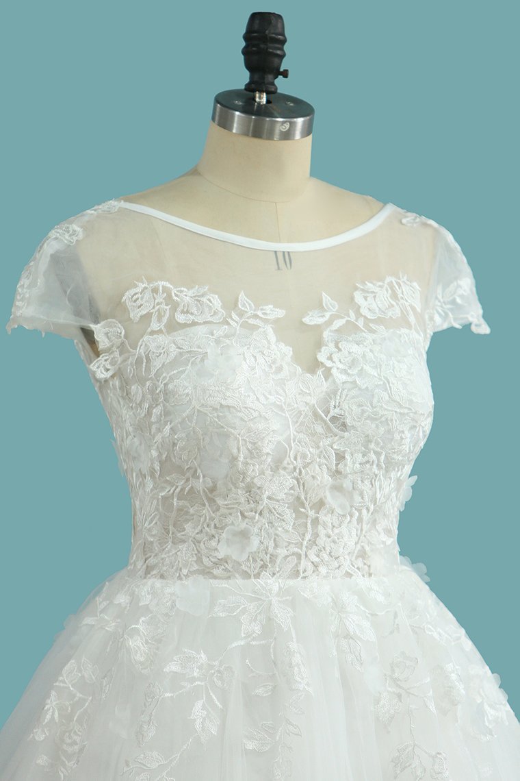 Bateau A-Line Backless Floor-Length Wedding Dress with Lace Appliques and Tulle