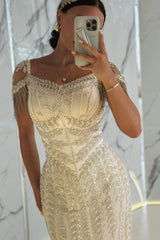 Sweetheart Tulle Beaded Long Mermaid Formal Evening Dresses with Cap Sleeves