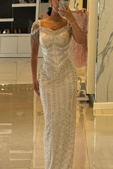 Sweetheart Tulle Beaded Long Mermaid Formal Evening Dresses with Cap Sleeves
