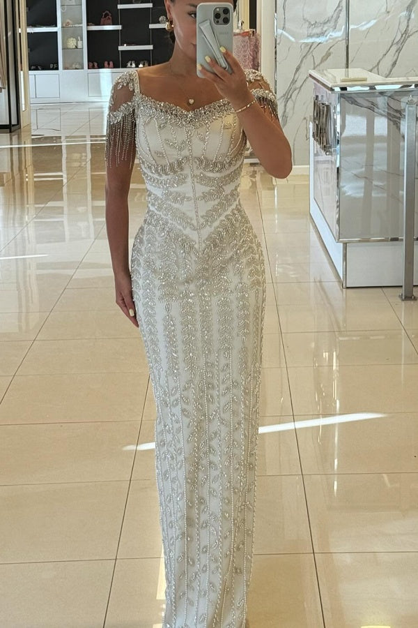 Sweetheart Tulle Beaded Long Mermaid Formal Evening Dresses with Cap Sleeves