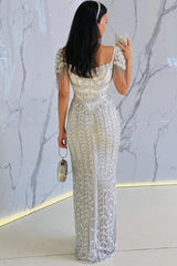 Sweetheart Tulle Beaded Long Mermaid Formal Evening Dresses with Cap Sleeves