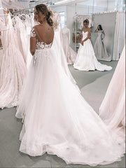 Bateau Short Sleeves A-Line Floor-length Wedding Dress With Appliques Lace Tulle