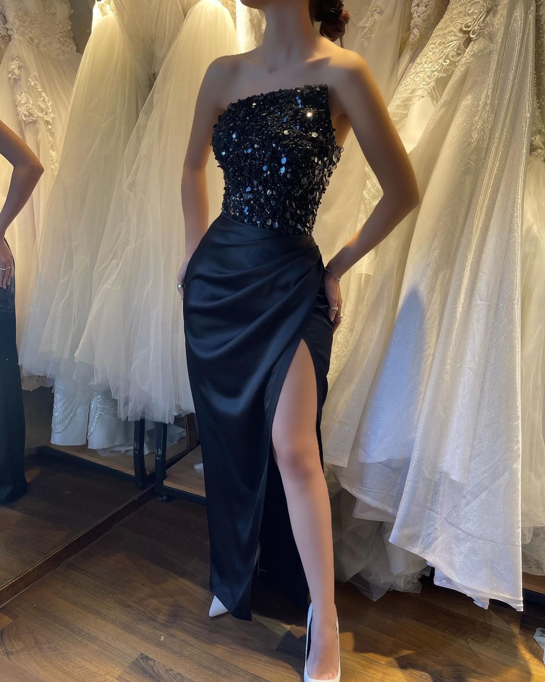 Beautiful Black Strapless Prom Dress with Sequins and High Split