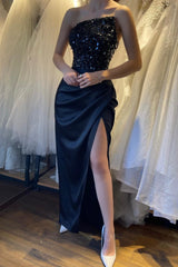 Beautiful Black Strapless Prom Dress with Sequins and High Split