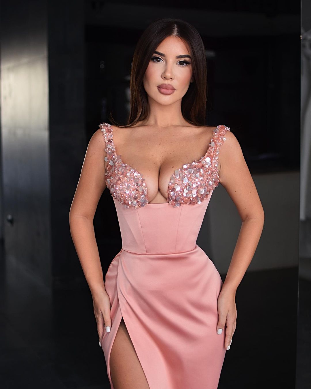Beautiful Pink Satin Prom Dress with Sequins, Spaghetti Strap and Split