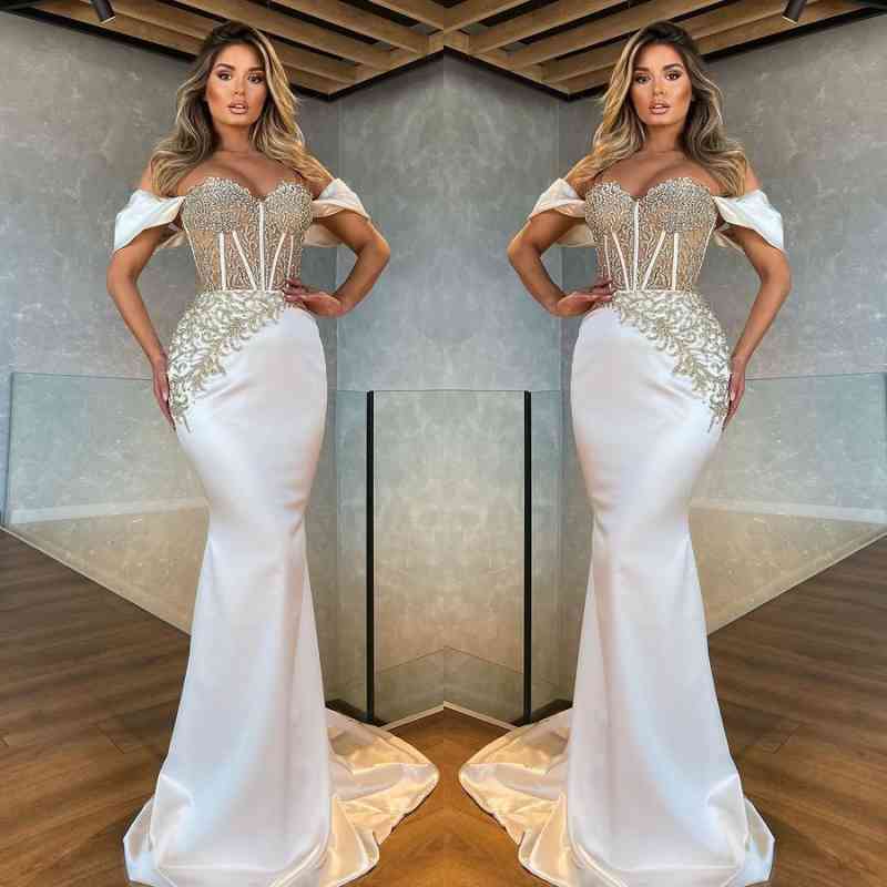 Beautiful White Off-The-Shoulder Appliques Long Mermaid Prom Dress