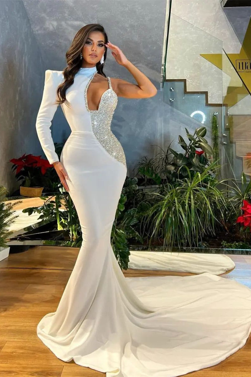 Beautiful White One Shoulder Long Sleeve Mermaid Prom Dress