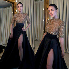 Elegant Half Sleeve Long Prom Dress with High Slit