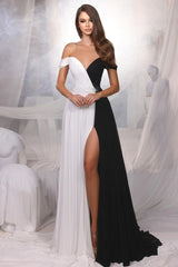 Black and White Off the Shoulder Long Prom Dress with Beading and Front Split