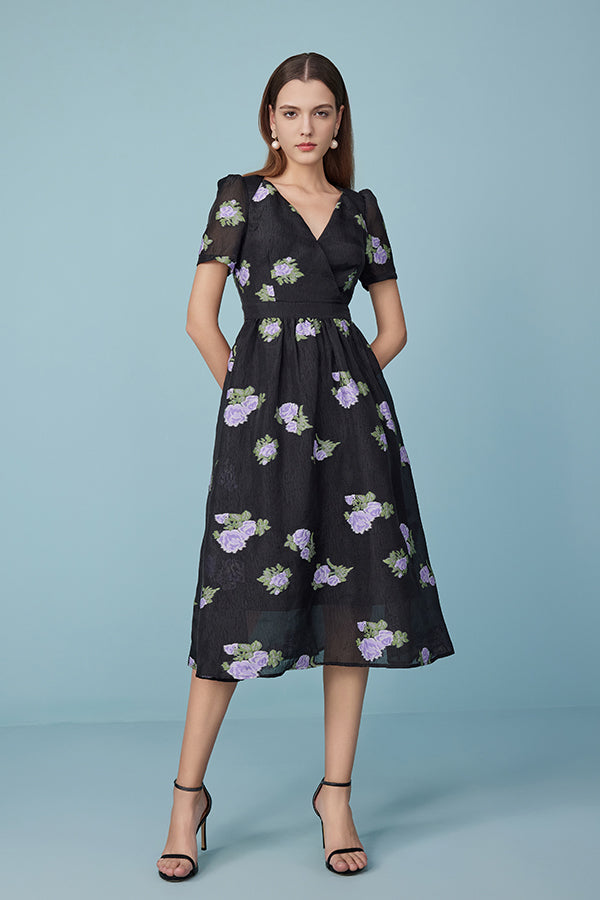 Babyonlines Black Floral V-neck Short Sleeves A-line Dresses