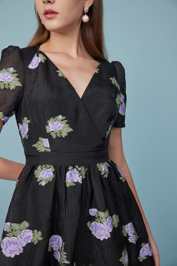 Babyonlines Black Floral V-neck Short Sleeves A-line Dresses
