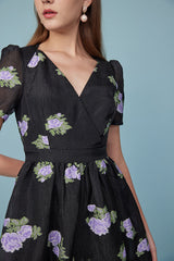 Babyonlines Black Floral V-neck Short Sleeves A-line Dresses