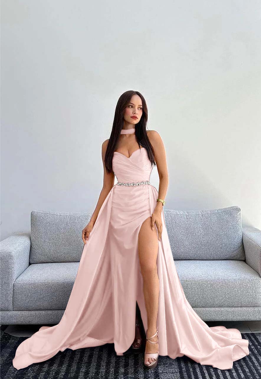 Black Halter Strapless Sweetheart Mermaid Prom Dress with Split and Gloves