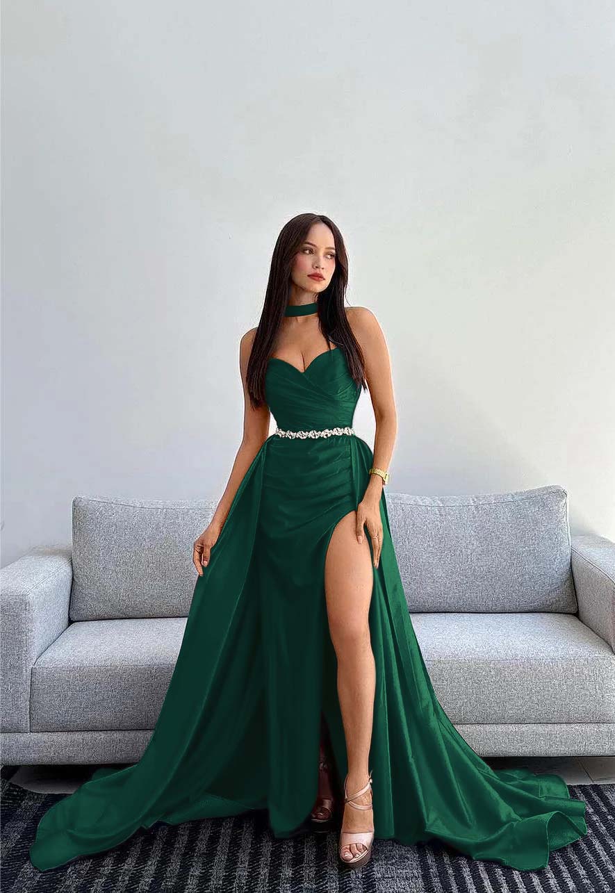 Black Halter Strapless Sweetheart Mermaid Prom Dress with Split and Gloves