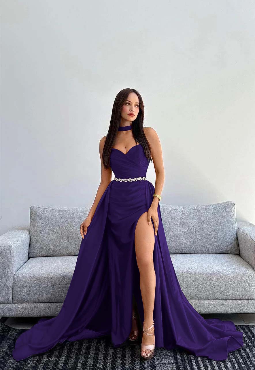 Black Halter Strapless Sweetheart Mermaid Prom Dress with Split and Gloves